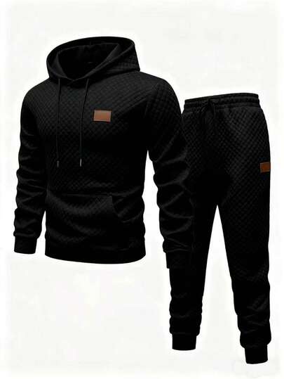 Manfinity Homme Men's Hoodie + Drawstring Pants Set, Solid Color Diamond Textured Jacquard Fabric, Label Detail Design, Casual Sports Suit, Minimalist Casual For Home, Commute, Autumn/Winter Men Hoodie Set Designer Sweatsuit Mens Tracksuit Set Men Black Two Piece Set Men 2 Piece Sweatsuit Old Money,Daily Leisure, Weekend Trips, Outdoor Activities, Travel Expeditions, Relaxed Work Environments Or Semi-Formal Occasions, Boyfriend/Husband Gift, Anniversary /Birthday Gift Party Christmas New Years