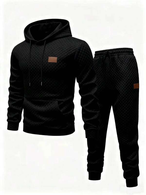 Manfinity Homme Men's Hoodie + Drawstring Pants Set, Solid Color Diamond Textured Jacquard Fabric, Label Detail Design, Casual Sports Suit, Minimalist Casual For Home, Commute, Autumn/Winter Men Hoodie Set Designer Sweatsuit Mens Tracksuit Set Men Black Two Piece Set Men 2 Piece Sweatsuit Old Money,Daily Leisure, Weekend Trips, Outdoor Activities, Travel Expeditions, Relaxed Work Environments Or Semi-Formal Occasions, Boyfriend/Husband Gift, Anniversary /Birthday Gift Party Christmas New Years