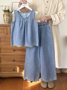 Vintaside Kids Girls Sleeveless Denim Style Round Neck Tank Top And Pants 2-Piece Set, Slim Fit, Suitable For Outings, School, Gatherings, Parties, And Casual Daily Wear