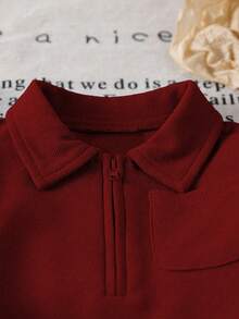 Genkimix Kids 男童简约纯灰色休闲翻领半拉链长袖上衣和配套长裤套装，适合外出、休闲和日常运动穿着。 - 酒紅色 - 查看 3