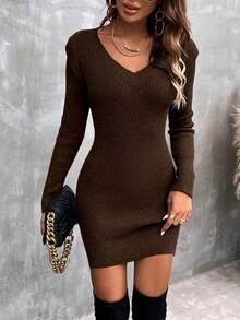 EMERY ROSE Women's Casual V-Neck Long Sleeve Fitted Knit Sweater Dress, Autumn/Winter - Coffee Brown - View 6