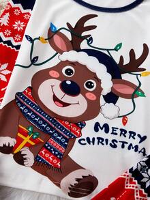 SHEIN 女童可爱驯鹿圣诞印花柔软弹力长袖上衣和裤子两件套睡衣 - 彩色 - 查看 4