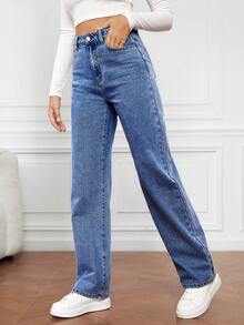 SHEIN Tall 高腰直筒牛仔褲 - 中等水洗藍 - 查看 1