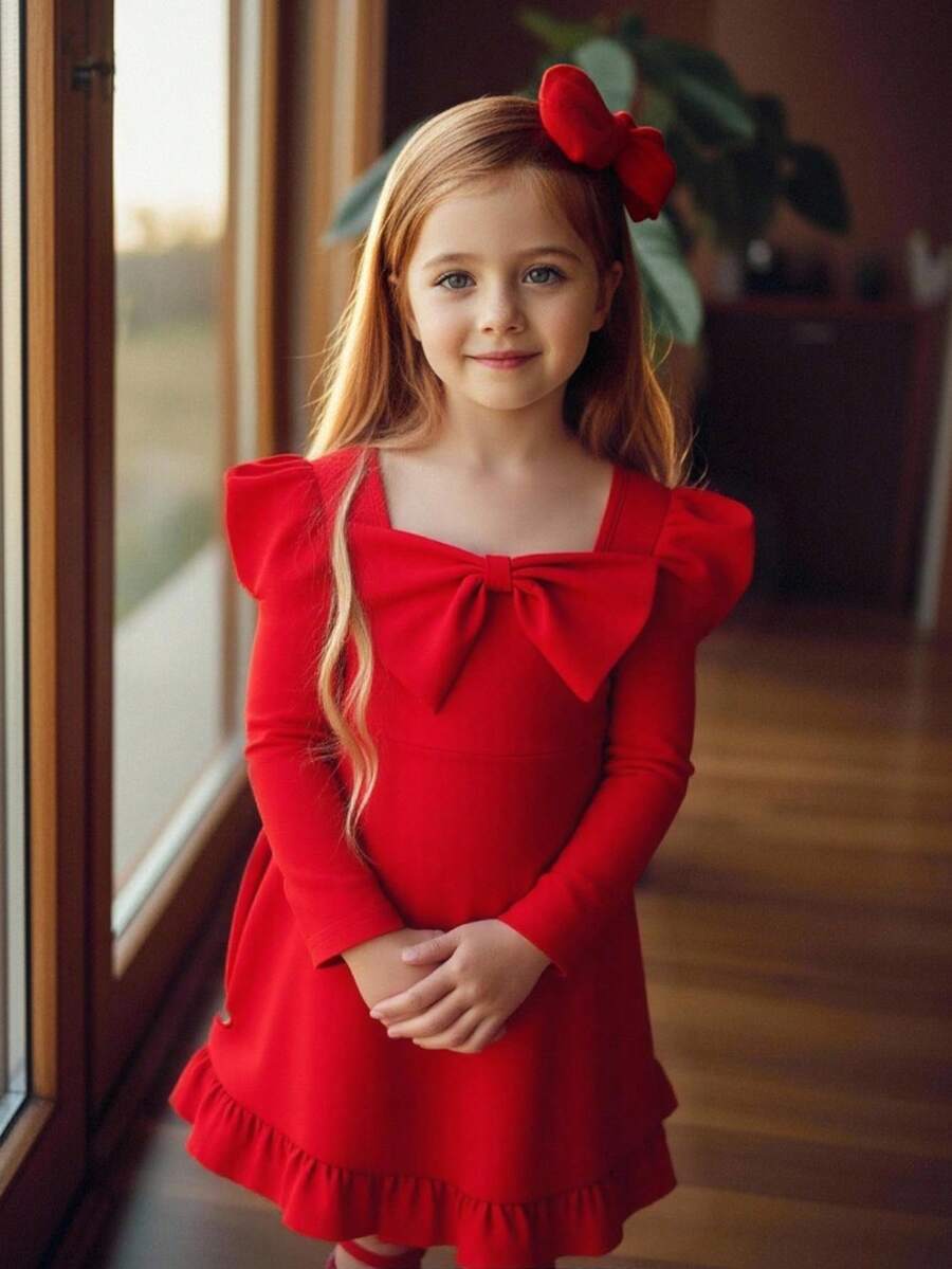 SHEIN 年轻女孩喇叭袖、羊腿袖、大领结红色圣诞礼服,适合日常穿着、休闲场合、优雅派对或生日派对,公主裙,圣诞节红色。 - 紅色 - 查看 1