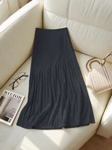 Franclia Váy len chắp vá xếp ly mới, váy len cạp cao ôm sát, váy chữ A thường ngày cho nữ - Màu xám đen - Xem 2