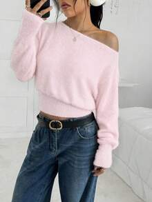 SHEIN EZwear 2025新款女士休闲柔软可爱浅粉色毛衣，纯色不对称领长袖套头衫，适合秋冬季、万圣节、圣诞节等场合穿着。 - 淺粉色 - 查看 5