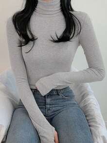 DAZY 女士纯色高领紧身打底T恤，秋冬季 - 灰色 - 查看 4