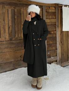 SHEIN EZwear Áo khoác dài hai hàng khuy có cổ áo choàng thiết kế khăn quàng cổ cho nữ, Thu/Đông - màu đen - Xem 6