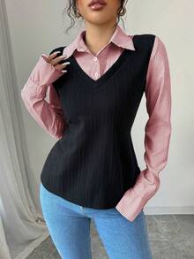 SHEIN Elenzya 女士休闲撞色条纹长袖常规款上衣，秋季 - 紅色 - 查看 5