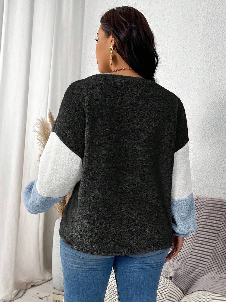 Plush Warm Color Block Crew Neck Plus Size Sweatshirt/Winter Women Long Sleeve Tops Winter Tops For Women Pullover For Women Women Sweater Blue Sweater