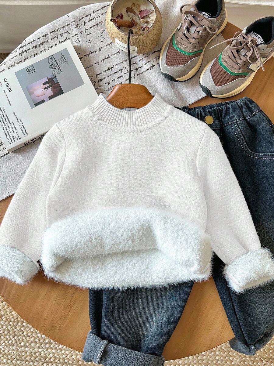 SHEIN 男童纯色长袖休闲抓绒毛衣,秋冬季 - 白色 - 查看 1