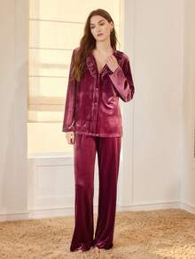 MOTF PREMIUM VELVET SOLID V-NECK RUFFLE TRIM TOP & PANTS LOUNGE SET