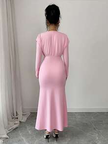 SHEIN Elenzya Elegant Romantic Vacation & Commute Pleated V-Neck Mermaid Dress - Pink - View 2