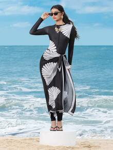 Swim Shayni 女士中东风情长袖连体裤，贝壳印花，贝壳网纱长裙，三件套，休闲时尚沙滩度假泳装套装 - 黑色 - 查看 8