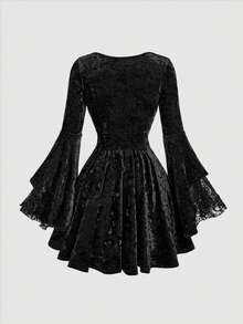 SHEIN MOD Lace Patchwork Velvet Drawstring Ruffle Hem Women's Mini Dress - Black - View 2