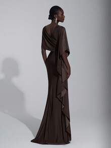 Elitara Elegant Luxurious Satin Ruffle Sleeve Sexy Slit Fishtail Bridesmaid Dress - Coffee - View 3