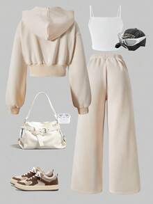 SHEIN ChillGRL 3件套少女纯色保暖连帽拉链衫、吊带背心和阔腿裤休闲套装，适合日常穿着、通勤和秋冬季上学。 - 杏色 - 查看 2