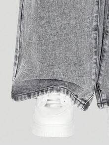 SHEIN ChillGRL 青少年女孩灰色时尚休闲水钻装饰宽松阔腿水洗牛仔裤