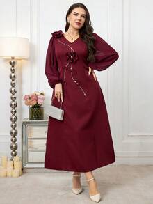 Modelyn 大码女式3D立体花卉装饰收腰长袖连衣裙 - 酒紅色 - 查看 6