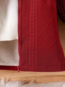 SHEIN 少女休闲百搭多功能保暖毛领中长连帽针织外套，适合上学和日常穿着，秋冬季 - 紅色 - 查看 6