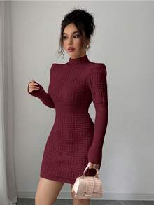 Elenzga Vestido de suéter de mujer con cuello alto, elegante, de Body ceñido, con textura acanalada y cintura ribeteada - Burdeos - Ver 4