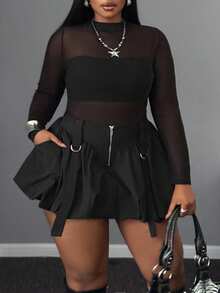 SHEIN CURVE+ Váy ngắn màu trơn viền bèo nhún cỡ lớn gợi cảm cho nữ, thích hợp mặc đi làm và đi chơi, mùa thu/đông - màu đen - Xem 5