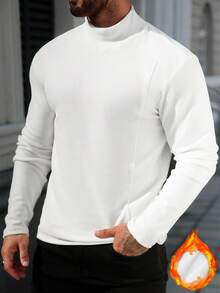Manfinity CasualCool Men's Solid White Autumn Basic Casual Holiday T-Shirt,Mock Turtleneck Thermal Lined Patchwork Long Sleeve Winter Undershirt - White - View 4