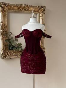 Lovelzi Váy ôm sát hở vai, thanh lịch, lãng mạn, thời trang, màu đỏ rượu vang, vải co giãn, cắt may chắp vá, thích hợp cho kỳ nghỉ, lễ hội âm nhạc, tiệc sinh nhật, đám cưới, tiệc trà chiều, tiệc cocktail - Màu tím đậm - Xem 7