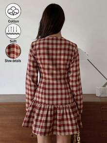 Elyressa Váy kẻ caro thanh lịch và thời trang dành cho quý cô mùa thu - Đỏ - Xem 2