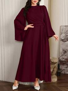 Modelyn رمضان فستان طويل أنيق للمرأة بحجم كبير مع طوق عالي وشال متدفق، أحمر غامق - عنابي اللون - مشاهدة 5