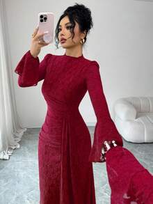 Modelyn French Design Lace High Neck Tie Waist Ruched Slim Fit Dress For Women