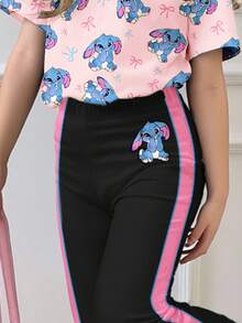SHEIN Leap Crew 两件套，米色和黑色，可爱卡通蓝色兔子图案，粉色撞色滚边，少女休闲宽松短袖圆领T恤和喇叭裤套装，适合秋季穿着 - 白色 - 查看 3