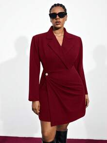 Maija 大码女式深V领褶皱设计长袖连衣裙，都市通勤商务休闲优雅，适合圣诞节、新年派对等场合 - 酒紅色 - 查看 9