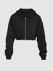 SHEIN Unity 女士纯色简约休闲短款拉链黑色连帽运动衫，长袖毕业连帽衫，返校，毕业，教师，返校