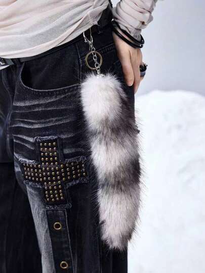 Grunge Punk 1pc Y2K Retro Cute Personalized Versatile High-Quality Brown Ombre Faux Fur Fox Tail DIY Keychain Bag Charm, Suitable For Women/Girls Daily Wear, Holiday Gift