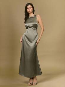 Poéselle 女士纯色简约日常交叉系带连衣裙 - 橄欖綠 - 查看 3