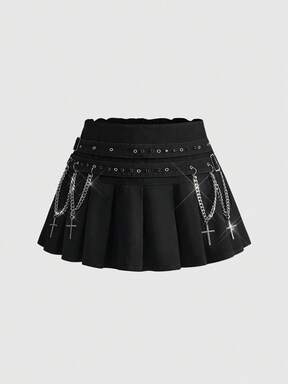 Plus Size Black Denim Metal Chain Cross Pendant Double Waist Belt Skirt Plus Size Black Denim Skirt Gothic Casual Punk Style Women Plus Size Skirt