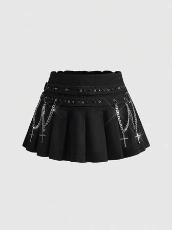 Plus Size Black Denim Metal Chain Cross Pendant Double Waist Belt Skirt Plus Size Black Denim Skirt Gothic Casual Punk Style Women Plus Size Skirt