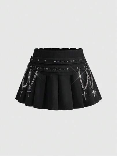 Plus Size Black Denim Metal Chain Cross Pendant Double Waist Belt Skirt Plus Size Black Denim Skirt Gothic Casual Punk Style Women Plus Size Skirt