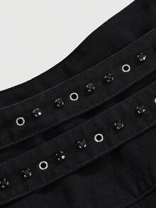 ROMWE Goth 加大码黑色牛仔金属链十字架吊坠双腰带半身裙 加大码黑色牛仔半身裙 哥特休闲朋克风女装加大码半身裙 - 黑色 - 查看 4