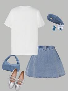 SHEIN ChillGRL 2pcs/Set Tween Girls Summer White Loose Short Sleeve Star Print Top & Pleated Denim Skirt Outfit - Multicolor - View 2