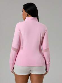 Rhythm Era Sweatshirt Sporty Lengan Panjang Warna Polos Wanita dengan Resleting Setengah di Bagian Depan - Berwarna merah muda - View 2