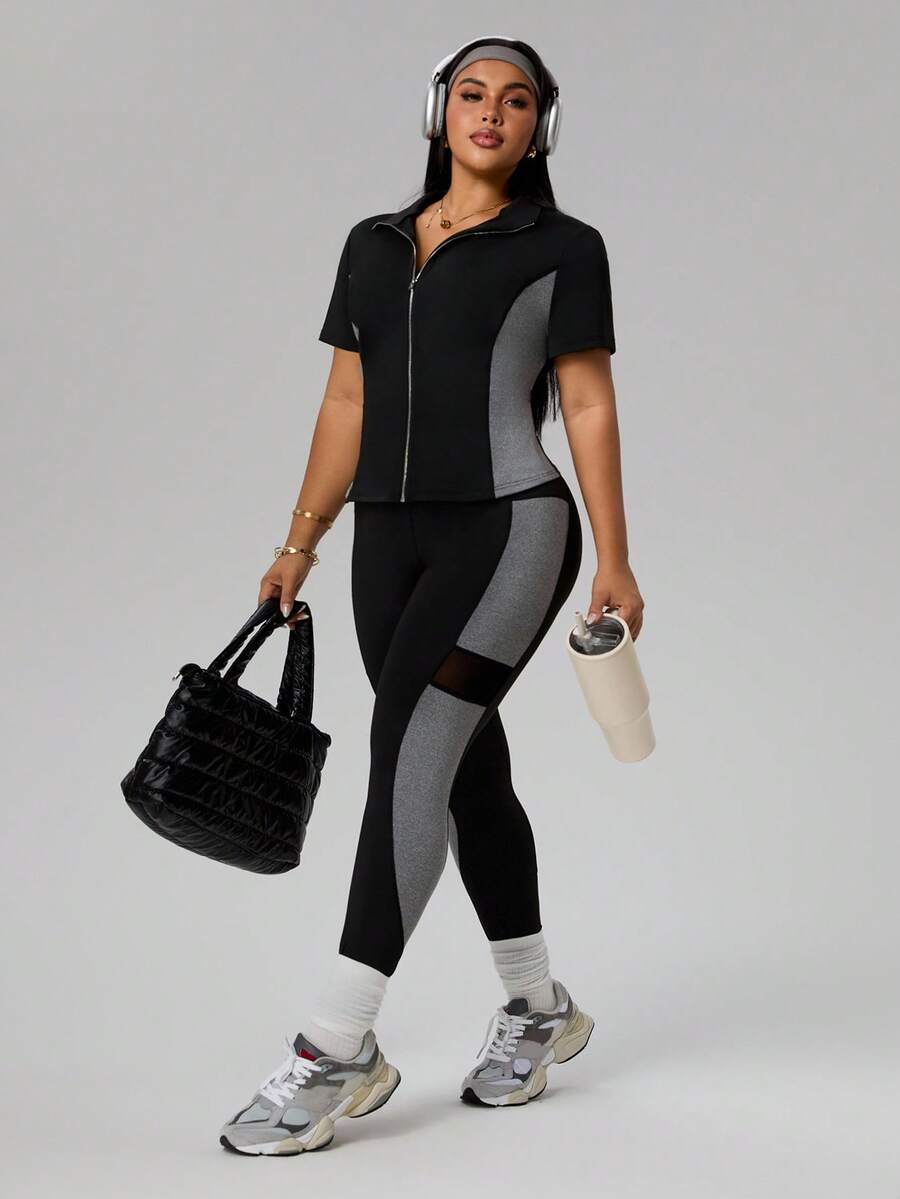 Rhythm Era Conjunto de 2 piezas de top de princesa con contraste de color en la cintura con cremallera y leggings ajustados con empalme de malla para mujer, conjunto deportivo casual para uso diario, correr, yoga, tallas grandes - Negro - Ver 1