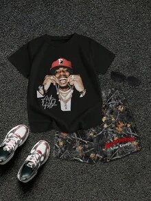 SHEIN Coolqubz Bộ 2 món áo thun tay ngắn in hình nhân vật dành cho bé trai tuổi mới lớn và quần short thường ngày - màu đen - Xem 3