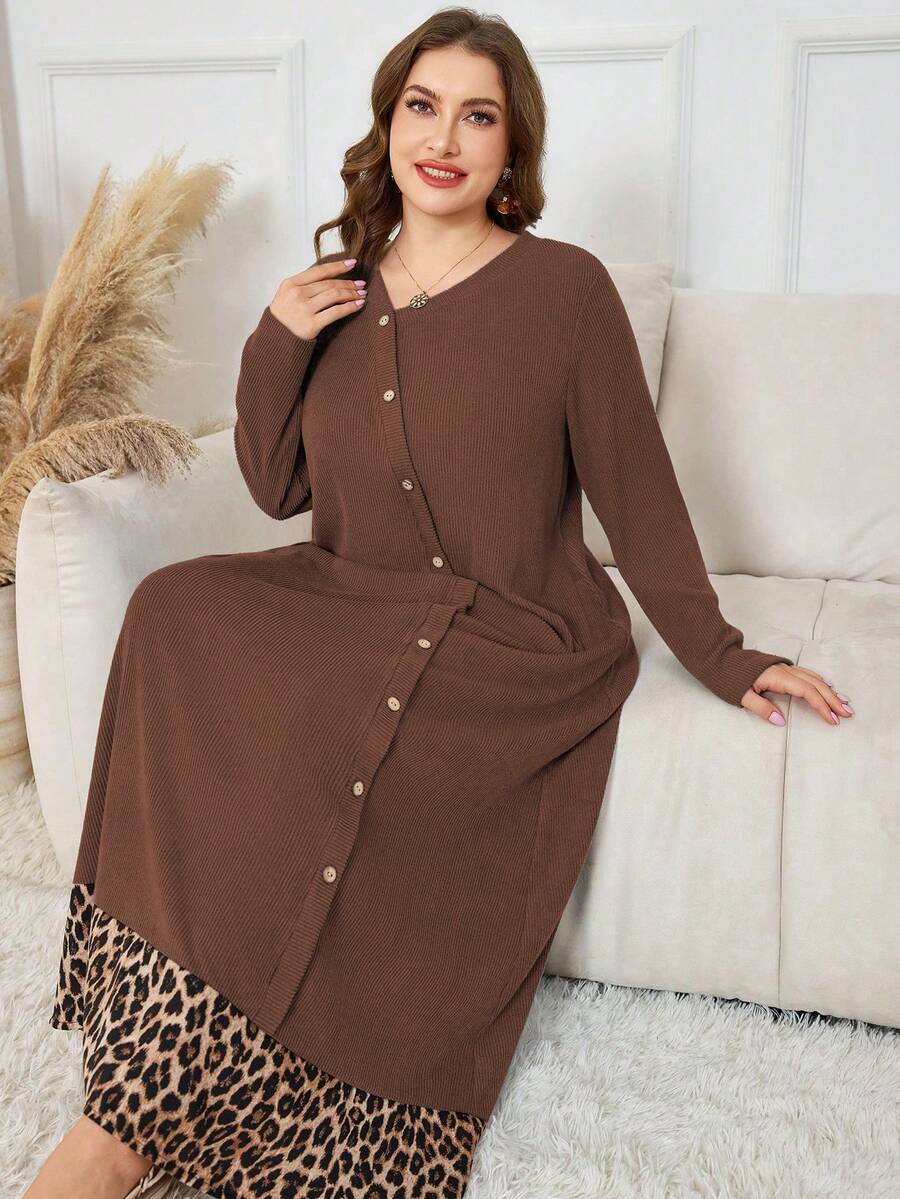 Lacomfia 大码休闲罗纹豹纹不对称领长袖宽松连衣裙，春秋季 - 彩色 - 查看 1