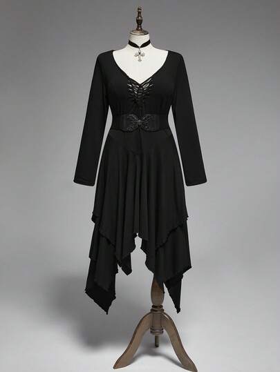 Plus Size Gothic Style Solid Color Round Neck Long Sleeve Dress