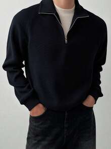 Manfinity Homme 男士纯色简约休闲拉链长袖毛衣 - 黑色 - 查看 4