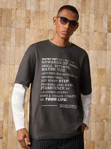 Manfinity Unisex 男士针织休闲日常年轻一代英文文字印花拼接宽松长袖T恤，夏季，学校，秋季 - 灰色 - 查看 5