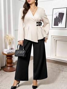 Modelyn Conjunto de traje elegante de chaqueta de manga larga con cinturón en la cintura y pantalones de pierna ancha para mujer de talla grande - Multicolor - Ver 3