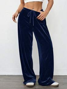 SHEIN EZwear 女士复古休闲藏蓝色丝绒宽松阔腿裤，秋冬款 - 藏蓝色 - 查看 3